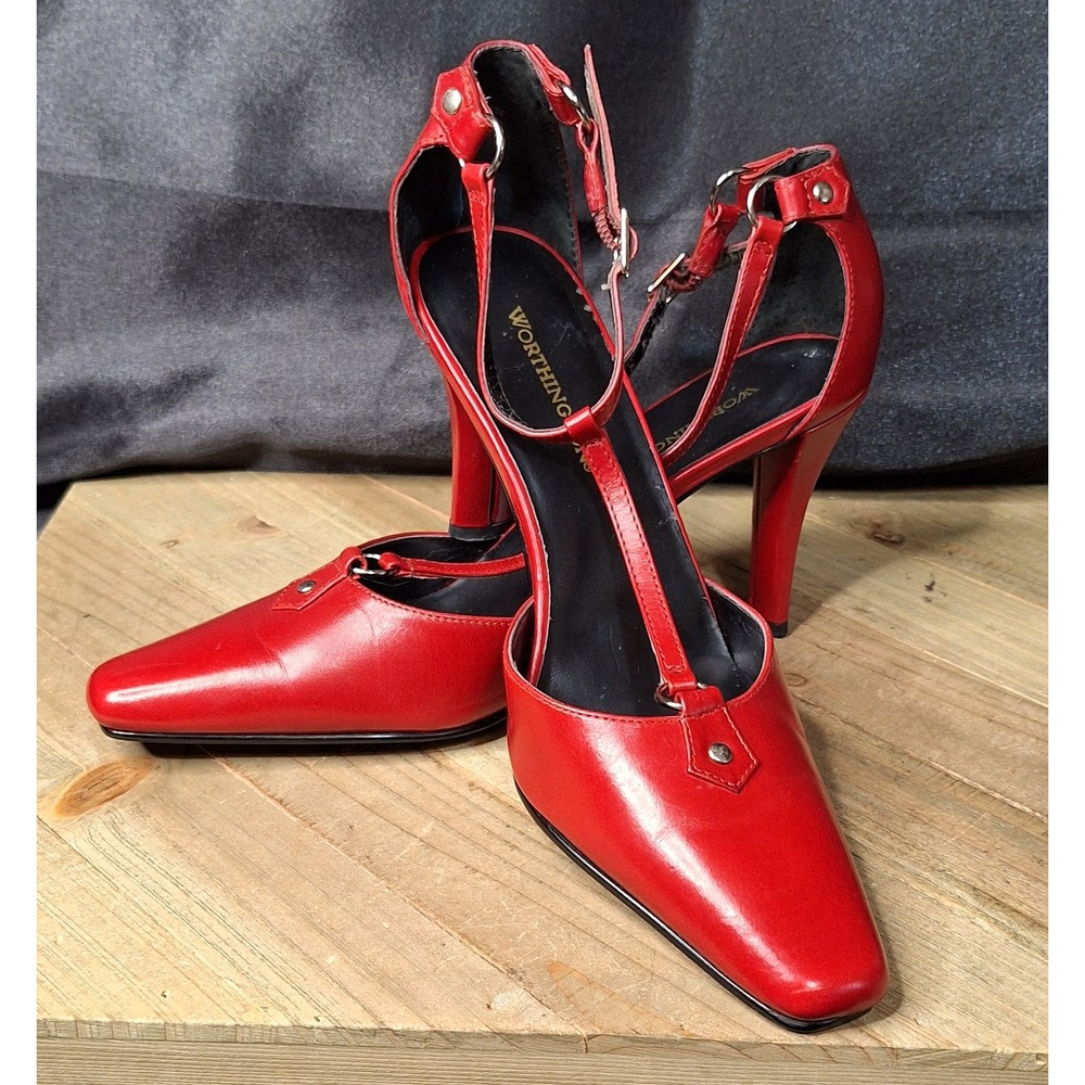 Worthington Shelby Red Leather T-Strap Square Toe Heels Pumps 6.5M 023-5177 - Picture 8 of 14